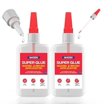 GH1200 2 PCs (2-in-1) Super Glue with Brush Applicator & Nozzle, Mess Free Superglue Brush, Instant Never Dries, 3000 CPS Ca Glue, No Stain Clear Glue, Super Glue for Plastic, Rubber & More - style: 20g x 2Pcs Super Glue Brush & Nozzle