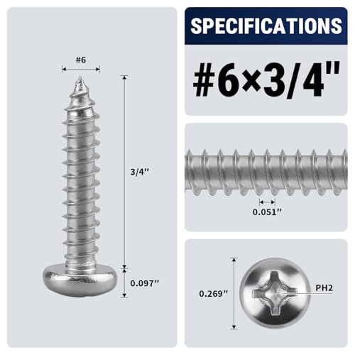 #6 x 3/4" (100 Pack) Stainless Steel Phillips Pan Head Wood Screws, Stainless Steel 304 (18-8), Pan Head Sheet Metal Screws Self Tapping for Wood - size: #6 x 3/4"