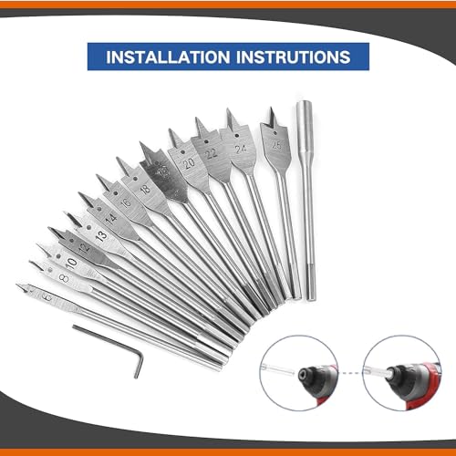15-Piece Spade Drill Bit Sets, 6‑25mm Paddle Flat Bit with 1/4'' Quick Change Shank & 6'' Drill Bit Extension for Hole Cutter Woodworking