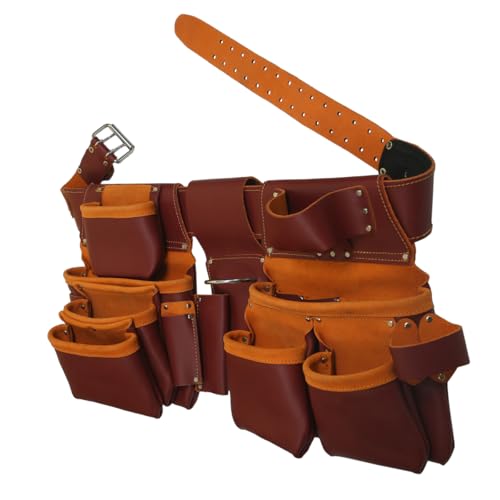 Heavy Duty Leather Tool Belt for Carpenters, Framers, Electricians, with Multiple Pouches and Pockets