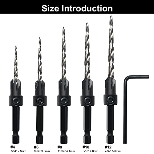GMTOOLS Countersink Drill Bit Set, 5Pcs Tapered Drill Bits M2 HSS, with 1/4" Hex Shank Quick Change and Allen Wrench, Counter Sinker Set for Woodworking and Carpentry, Pilot Screw Hole Set - style: Set#4#6#8#10#12