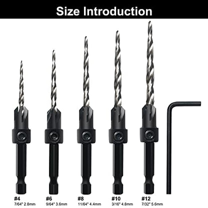 GMTOOLS Countersink Drill Bit Set, 5Pcs Tapered Drill Bits M2 HSS, with 1/4" Hex Shank Quick Change and Allen Wrench, Counter Sinker Set for Woodworking and Carpentry, Pilot Screw Hole Set - style: Set#4#6#8#10#12