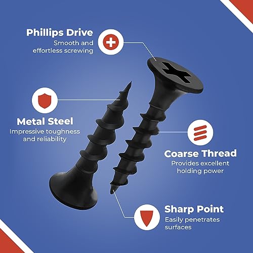 3/4 Inch N.6 Coarse Thread Drywall Screw, Sharp Point, Black, 2 Bugle Head Phillips Drive, 1 Lb. Ideal Screw for Drywall Sheetrock, Wood, and More, 400 Screws