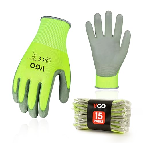 Vgo... 15Pairs PU Coated Safety Work Gloves,Gardening Gloves (PU2103,S) - color: Yellow, size: Small