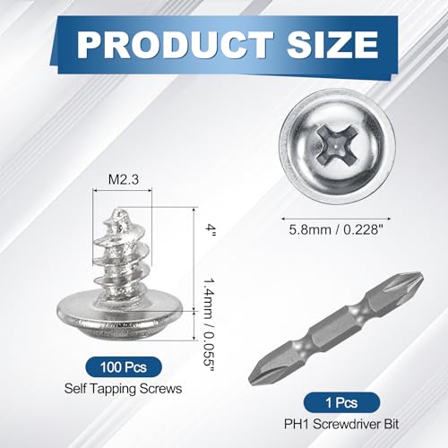 100pcs M2.3x4 Self Tapping Screws Carbon Steel Screws Silver - size: M2.3x4