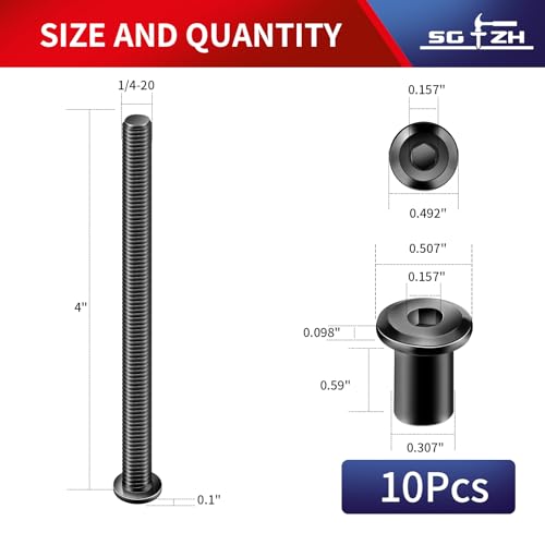 1/4-20 x 4 Inch 10Pcs Flat Head Hex Socket Cap Screws Bolts Barrel Nuts Kit, 304 Stainless Steel 18-8, Full Thread, Black Oxide by SG TZH (with Hex Spanner) - color: Black, size: 1/4-20 x 4"