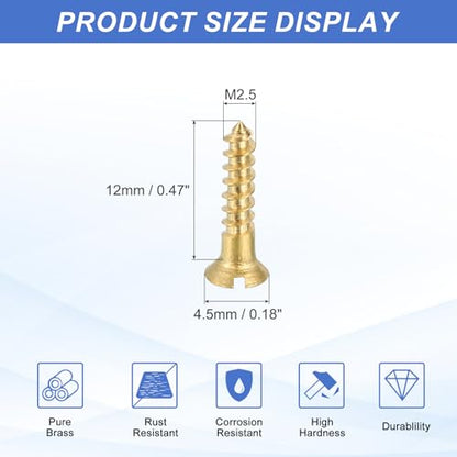 MECCANIXITY 20 Pcs Brass Screws, M2.5 x 12mm Solid Slotted Drive Flat Head Self-Tapping Wood Screw Fasteners for Woodworking Furniture Repair Photo Frame Drywall Home Appliances, Gold - size: M2.5 x 12mm