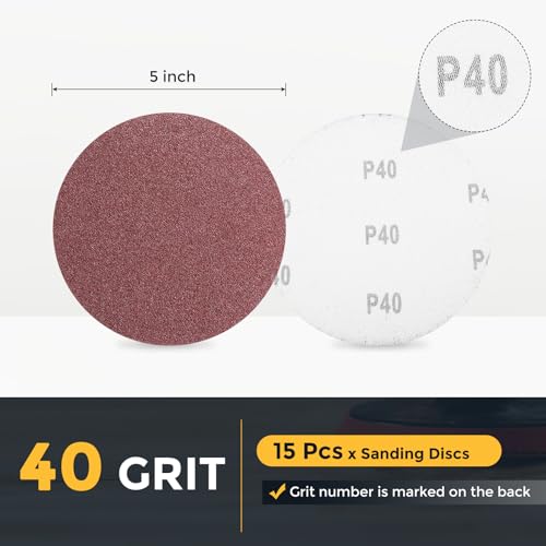 HARFINGTON 15 Pcs 5 Inch Sanding Disc 40 Grit Red Aluminum Oxide - size: 5 Inch(40 Grit)