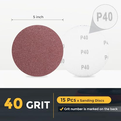 HARFINGTON 15 Pcs 5 Inch Sanding Disc 40 Grit Red Aluminum Oxide - size: 5 Inch(40 Grit)