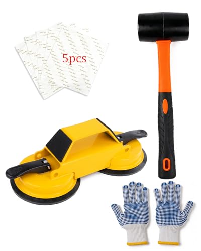 Floor Gap Fixer Tool Kit with Dual Suction Cup, Carbon Steel Laminate Flooring Gap Repair Tool for Vinyl Plank Wood Hardwood Floors, Heavy Duty Fixer with Mallet, Pads, Scraper, Gloves, Cloth