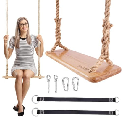 Hanging Wooden Tree Swing with Adjustable Hemp Rope and Tree Straps - color: Raw Wood