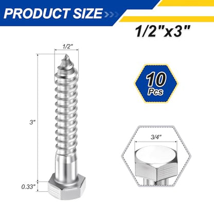 10 Pcs Hex Head Lag Screws 1/2"x3" SS 18-8 (304) Lag Bolts - color: Silver, size: 1/2"x3"