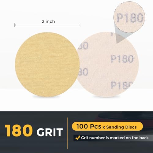 HARFINGTON 100 Pcs 2 Inch Sanding Discs 180 Grit Yellow Aluminum Oxide - size: 2 Inch(180 Grit)