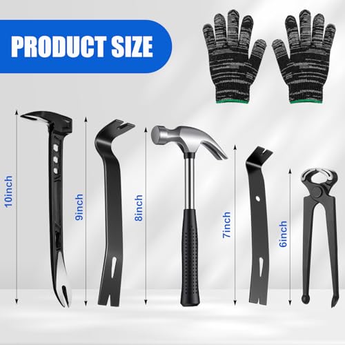 6 Pcs Pry Bar Set, 8 oz Claw Hammer, 10" Paw Nail Puller, 7" and 9" Flat Claw Pry Bars, 8 Inch End Cutting Pliers with Gloves, Utility Bar Set for Baseboard, Floor, Nails Removal