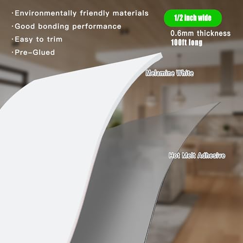Yanye White Edge Banding, 1/2 inch x 100ft roll of Wood Veneer Melamine Edge Banding Preglued, Tape for Cabinet Repair Furniture - color: White, size: 1/2"x 100ft