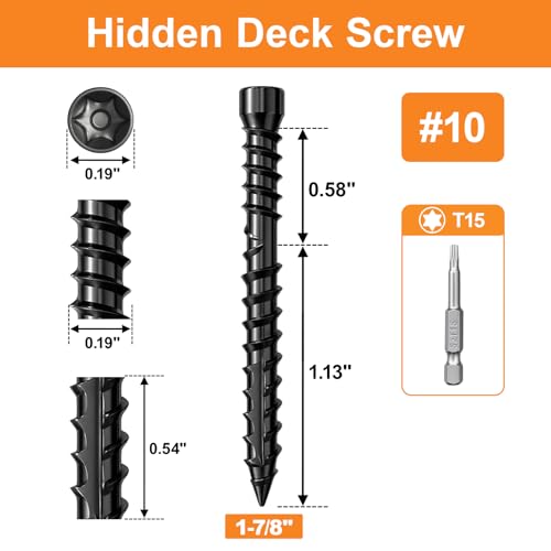 #10 x 1-7/8" Hidden Deck Screws, 750Pcs Star Drive Countersunk Wood Screws - size: #10 x 1-7/8