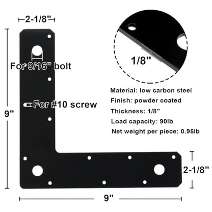 4 Pack Flat Corner Brace,L Shaped Mending Plate,9"x9" - size: 9" x 2-1/8"
