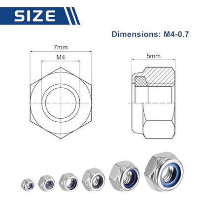 100Pcs M4-0.7 Nylon Locking Hex Nuts 304 StainlessSteel Silver - color: Silver, size: M4x0.7mm