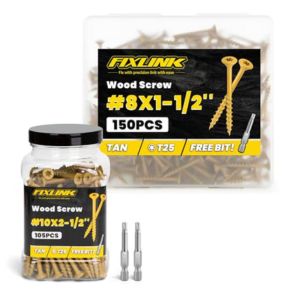 Deck Screws #8 x 1-1/2", 150pcs and #10 x 2-1/2",105pcs Epoxy Coated, T25 Star Bit Above 1500 Hour Salt Spray Coating Outdoor Decking Screws Excellent Rust Resistant for Outdoor Wood Fence
