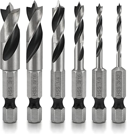NEIKO 11401A 6 Piece Brad Point Drill Bit Set, Stubby Drill Bit Set for Wood, 1/4" Quick Change Hex Shank, HSS 4241 High Speed Steel for Quick Change Chucks and Drives, Drill Bit Holder Included - size: 6 Piece, style: Stubby