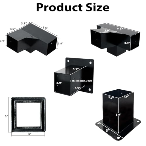 6 PCS Iron Pergola Brackets with 3 Post Bases & Covers - size: 12-Pc Wall Kit: 3Brackets+2Corners+1 4-Way+3Bases