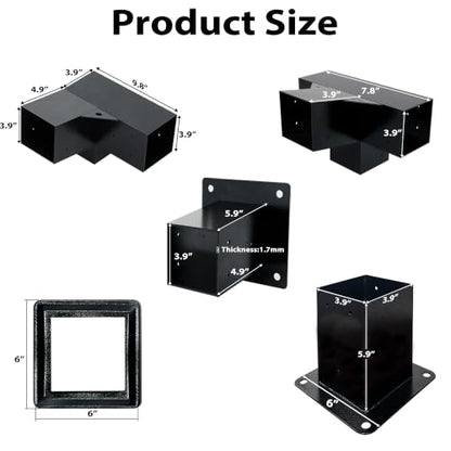 6 PCS Iron Pergola Brackets with 3 Post Bases & Covers - size: 12-Pc Wall Kit: 3Brackets+2Corners+1 4-Way+3Bases