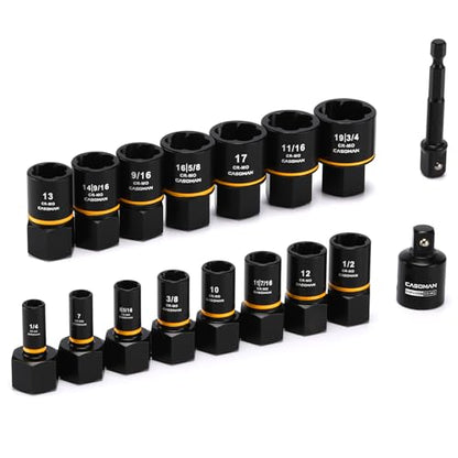 CASOMAN 17-Piece 3/8" Drive Bolt Impact Extraction Socket Set, Stripped for Damaged Rusted Frozen Studs Rounded Bolts, Nuts & Screws, CR-MO - size: 17-Piece