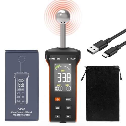 BTMETER Wood Moisture Meter - Pinless Moisture Detector Measur Depth 20-40mm Non-Destructive Moisture Tester with Masonry Spherical Sensor Sound Alarm LCD Display for Firewood Walls Flooring Concrete