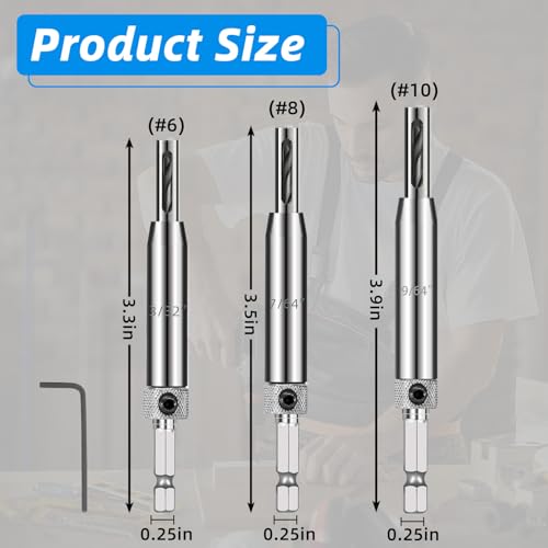 Self Centering Drill Bit Set – 3/32", 7/64", 9/64" Self Centering Drill Bit 1/4" Hex Shank VIX Bit with 1 Hex Key for #6 8 10 Screws – Perfect for Woodworking Door & Window Hinge Installation (6 PCS)