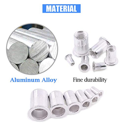 Glarks 110Pcs Aluminum Alloy M3 M4 M5 M6 M8 M10 Flat Head Metric Threaded Rivetnut Insert Nutsert Rivet Nut Assortment Kit