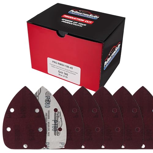 ProductionShop Premium 180 Grit 5-Hole Pattern Mouse Detail Sander Sandpaper Sheets, Box of 45 - Dustless Hook & Loop Triangle Shaped Mouse Disc Pads - Woodworking Tool Sand Wood Furniture Auto Paint - style: 180 Grit