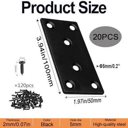 20 Pack 4x2 Inch Black Flat Mending Plates Metal Straight Bracket Brace Stainless Steel Mending Joining Plates with Screws, Heavy Duty Fixing Brackets for Wood Furniture Shelves Repair - size: 4 x 2Inch Black Flat Bracket