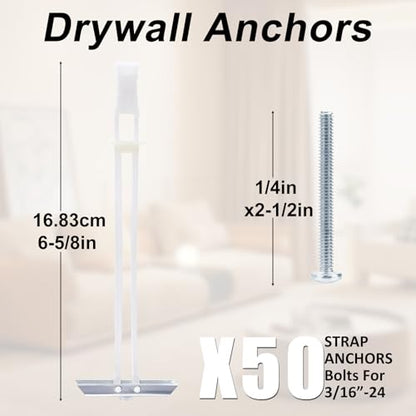 Drywall Anchor with Included Bolts for 3/16”-24, Heavy Duty Hollow Drywall Anchors for TV Mounting Kit, Stainless Steel Hollow Wall Anchors Holds up to 240 lbs Each in 1/2-in Drywall-50 Pack - size: 3/16"-24：Pack of 50
