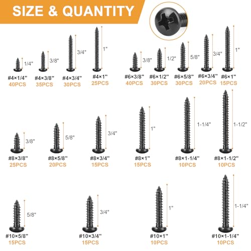 VIGRUE 410Pcs Stainless Steel Black Wood Screws Set #4#6#8#10 Phillips Pan Head Sheet Metal Screws Self Tapping Wood Screws Assortment Kit, Length 1/4" to 1-1/2" - size: 410PCS #4#6#8#10 Stainless Steel Black Pan Head