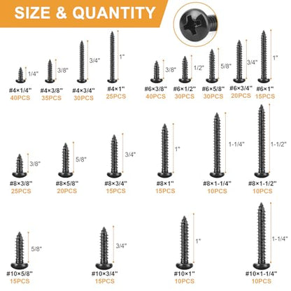 VIGRUE 410Pcs Stainless Steel Black Wood Screws Set #4#6#8#10 Phillips Pan Head Sheet Metal Screws Self Tapping Wood Screws Assortment Kit, Length 1/4" to 1-1/2" - size: 410PCS #4#6#8#10 Stainless Steel Black Pan Head