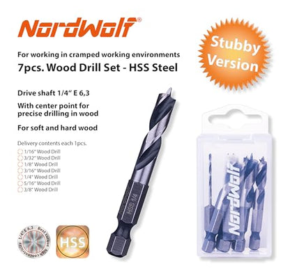 NordWolf 7-Piece HSS Brad Point Stubby Wood Drill Bit Set with 1/4" Hex Shank for Carpenter Woodworking, SAE Sizes 1/16"-3/32"-1/8"-3/16"-1/4"-5/16"-3/8" - size: 1/16" to 3/8" (7 Pcs)