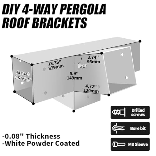 15 Degree Pergola bracket kit 4x4,4-Way Right Angle Corner Bracket Woodworks Pergola kit For Wood Beam (Actual: 3.5"x3.5'') Outdoor Gazebos,Patio Pergolas,Log Cabins With Screws(White,1Pack)