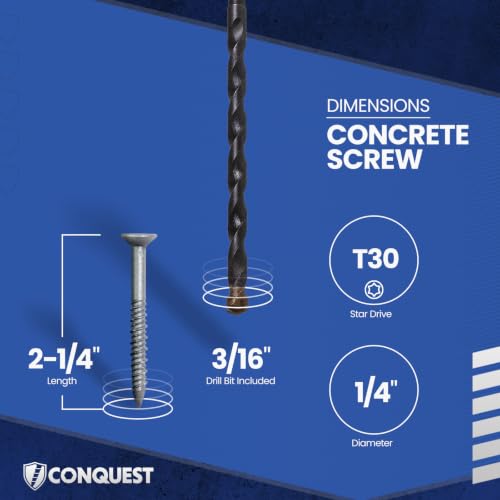 Conquest T-30 Flat Head Concrete Screws with Drill Bit 1/4” x 2-1/4” - size: 1/4" x 2-1/4"