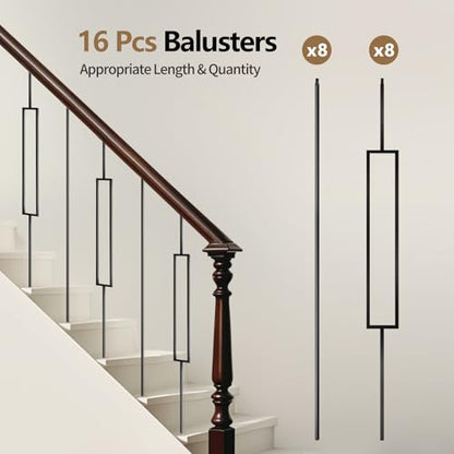 16 Pcs Wrought Iron Balusters 44 Inches Iron Balusters for Staircase Hollow Stair Spindles 1/2" Balusters for Staircase Interior Satin Black Metal Deck Balusters