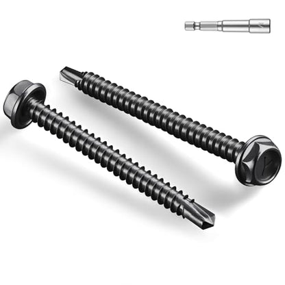 #8 x 1-1/2 Inch Self Drilling Screws, (55pcs) 0.5 lbs Black Self Tapping Screws for Metal, 410 Stainless Steel Hex Washer Head Sheet Metal Screw - color: Black 0.5lb Per Box, size: #8x1-1/2"