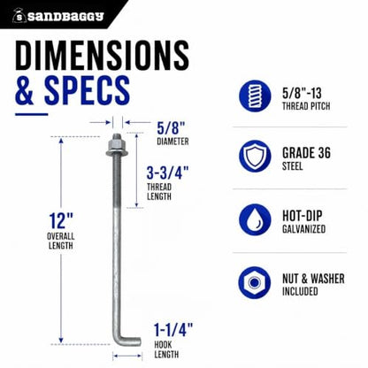 Sandbaggy 5/8" x 12" Threaded Concrete Anchor L-Bolts (Nuts & Washers Included) - Hot Dipped Galvanized - Sill Plate, Base Plate, Masonry, Wood, Cement Anchors, J Bolt (10, 5/8” x 12”) - size: 5/8” x 12”