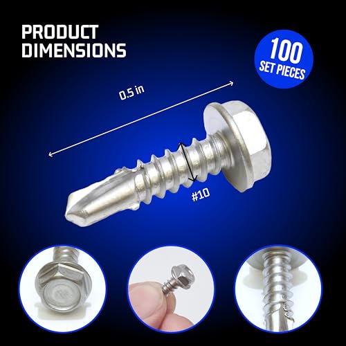 Bolt Dropper No. 10 x 1/2" Hex Washer Head Self Drilling Screws - Self Tapping Sheet Metal Tek Screws - 410 Stainless Steel - No. 1 Point, Plain Finish - Coarse Thread Type - 100 PCS - size: #10 x 1/2"(100 pcs), style: 1/2 Inch