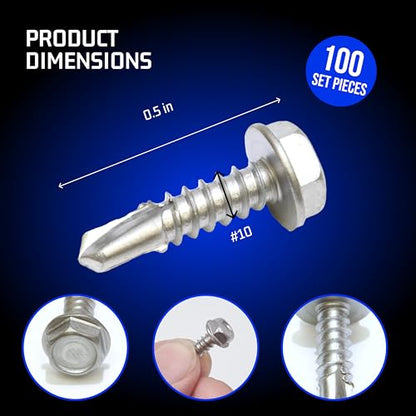 Bolt Dropper No. 10 x 1/2" Hex Washer Head Self Drilling Screws - Self Tapping Sheet Metal Tek Screws - 410 Stainless Steel - No. 1 Point, Plain Finish - Coarse Thread Type - 100 PCS - size: #10 x 1/2"(100 pcs), style: 1/2 Inch