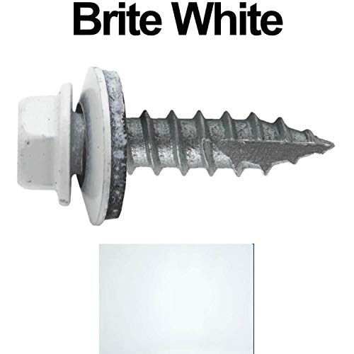 14 x 1 Brite White Metal Roofing Screws - Hex Washer Head- Self-Starting/Tapping - EPDM Washer. 1 x 250 Count Bag - 250 Screws - color: BRITE WHITE, size: 1"