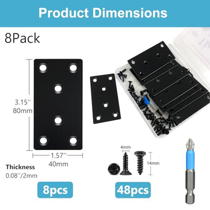 QSJ 8 Pack Black Flat Mending Plate 3.15x1.57'', Stainless Steel Bracket, Straight Metal Brace Bracket, Fixing Joining Plate for Wood Furniture Fastening & Fixing - size: Black, 3.15x1.57‘’