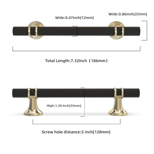 10 Pack 5 Inch Black and Gold Kitchen Cabinet Handles - color: Black and Brushed Gold Knurled, size: 5'' Hole Center(128mm)