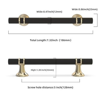 10 Pack 5 Inch Black and Gold Kitchen Cabinet Handles - color: Black and Brushed Gold Knurled, size: 5'' Hole Center(128mm)