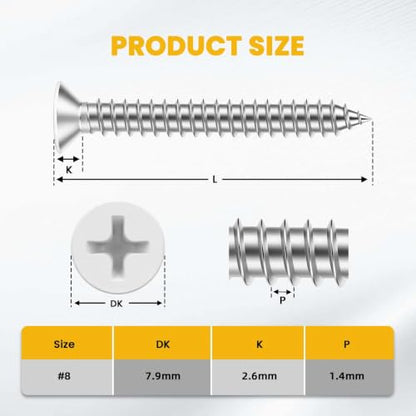 #8 x 2 Flat Head Wood Screw, Sheet Metal Screws, Stainless Steel 18-8 (304), White Head, 100 PCS - color: White Head, size: #8 x 2"
