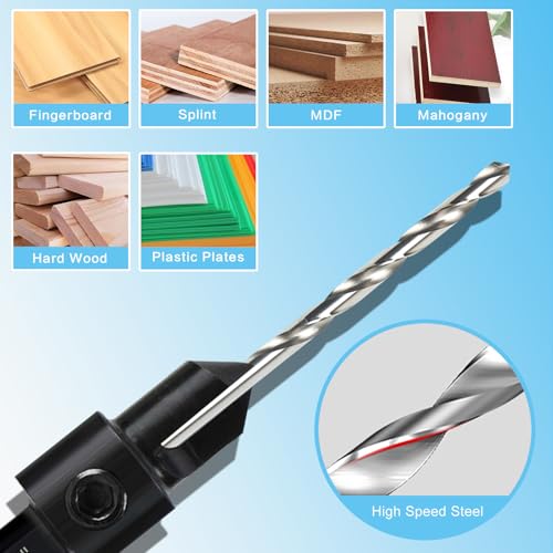 DKIBBITH 12-Piece Countersink Drill Bit Set with 5 Spare Bits, 2 Limit Rings, 1 Hex Key, 2 Screws & Case - 3-in-1 Wood Countersink Bit for #6#8#10#12#16 Screws, 82°Chamfer, Depth Adjustable. - size: 12 Piece Countersink Bit Set