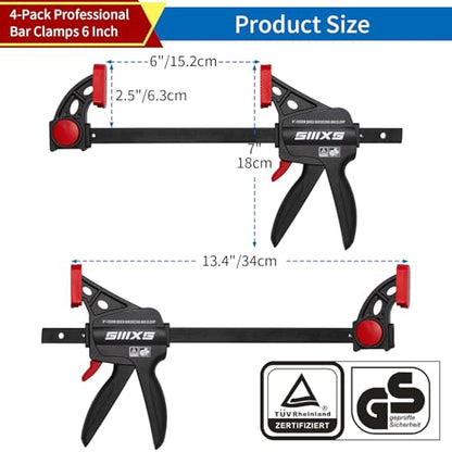 4-Pack 6" Bar Clamps for Woodworking Set with GS Certificate - size: 6''